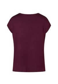 Burgundy short-sleeve top with a round neckline, made of soft fabric, featuring a relaxed fit and no visible embellishments or patterns.