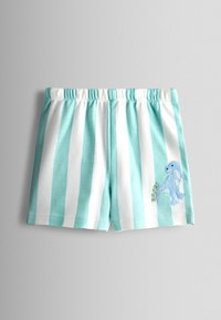 Jasnoniebieskie i białe szorty w pionowe pasy z elastycznym paskiem w talii oraz małym haftowanym niebieskim dinozaurem na prawej nogawce.