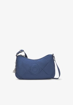 Quiltet marineblå nylon taske med rund form, top lynlås lukning og justerbar rem. Har et cirkulært præget logo og sølv hardware.