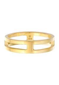Guldfarvet ring med et slankt, geometrisk design, der har åbne udsparinger, glat tekstur og et stempel, der angiver metalrenhed (925).