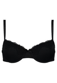 Black lace-trimmed bra featuring a smooth cup design with underwire support and adjustable straps, finished with a small center bow detail.