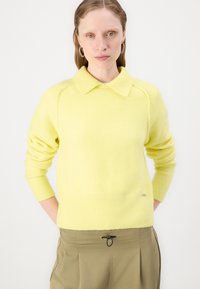 Gaiši dzeltens džemperis ar apkakli, ribotām piedurknēm un apakšmalu. Izgatavots no mīksta materiāla, apakšējā labajā pusē ir etiķete. Brīvs piegriezums.