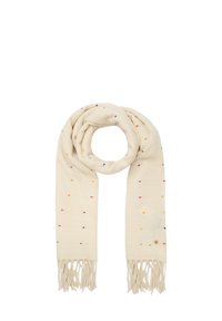 Sciarpa color crema con piccoli puntini multicolore, texture morbida, stile ad anello e estremità con frange.