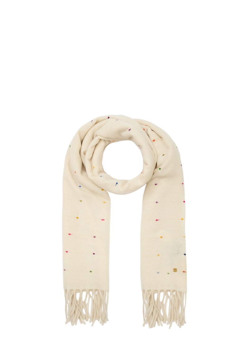 Sciarpa color crema con piccoli puntini multicolore, texture morbida, stile ad anello e estremità con frange.