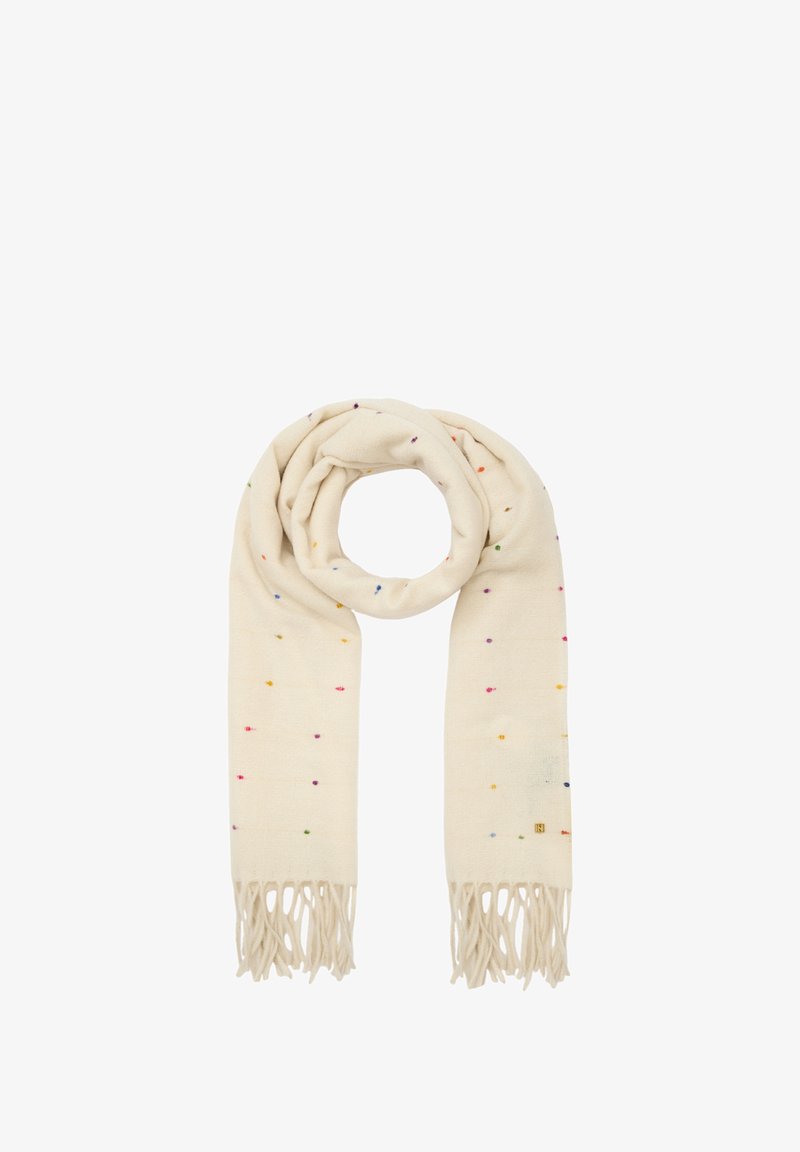 Kremowy szalik z wielokolorowymi drobnymi kropkami, miękka tekstura, w stylu pętli, z frędzlami na końcach.