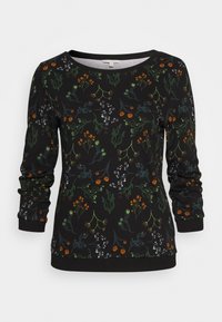 Camicia nera a maniche lunghe con motivi floreali arancioni, bianchi e verdi, scollatura rotonda e polsini aderenti sulle maniche e sull'orlo.