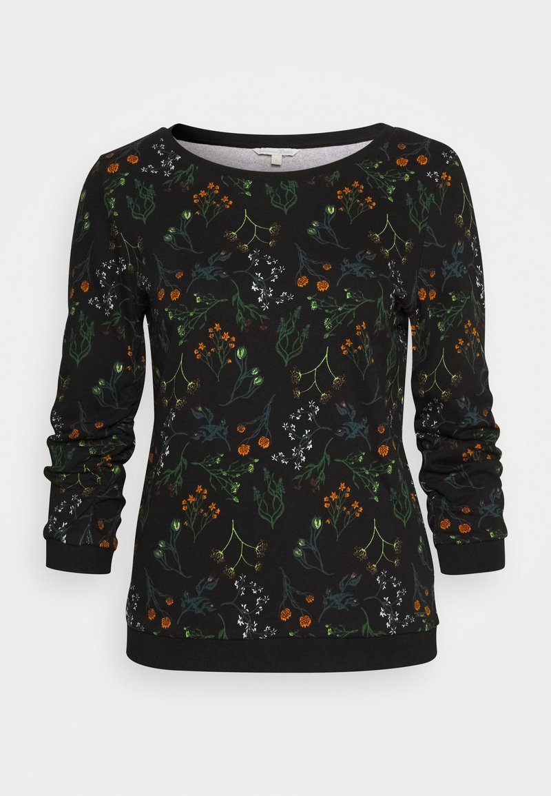 Camicia nera a maniche lunghe con motivi floreali arancioni, bianchi e verdi, scollatura rotonda e polsini aderenti sulle maniche e sull'orlo.