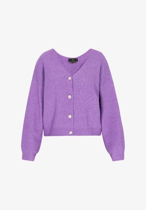 Cardigan scurt violet, realizat dintr-un material tricotat moale, cu decolteu în V, mâneci lungi și cinci nasturi asemănători perlelor în față.
