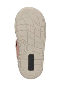 Suela de zapato de goma beige texturizada, con un dibujo en relieve, un acento rectangular negro y un indicador de talla "20."