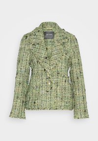 Blazer en tweed vert avec tissu texturé, col cranté, manches longues et deux boutons devant de Mos Mosh.