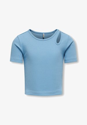 Top corto a maniche corte blu chiaro a coste con scollatura rotonda e un distintivo taglio sulle spalle. Presenta un design aderente e una texture liscia.