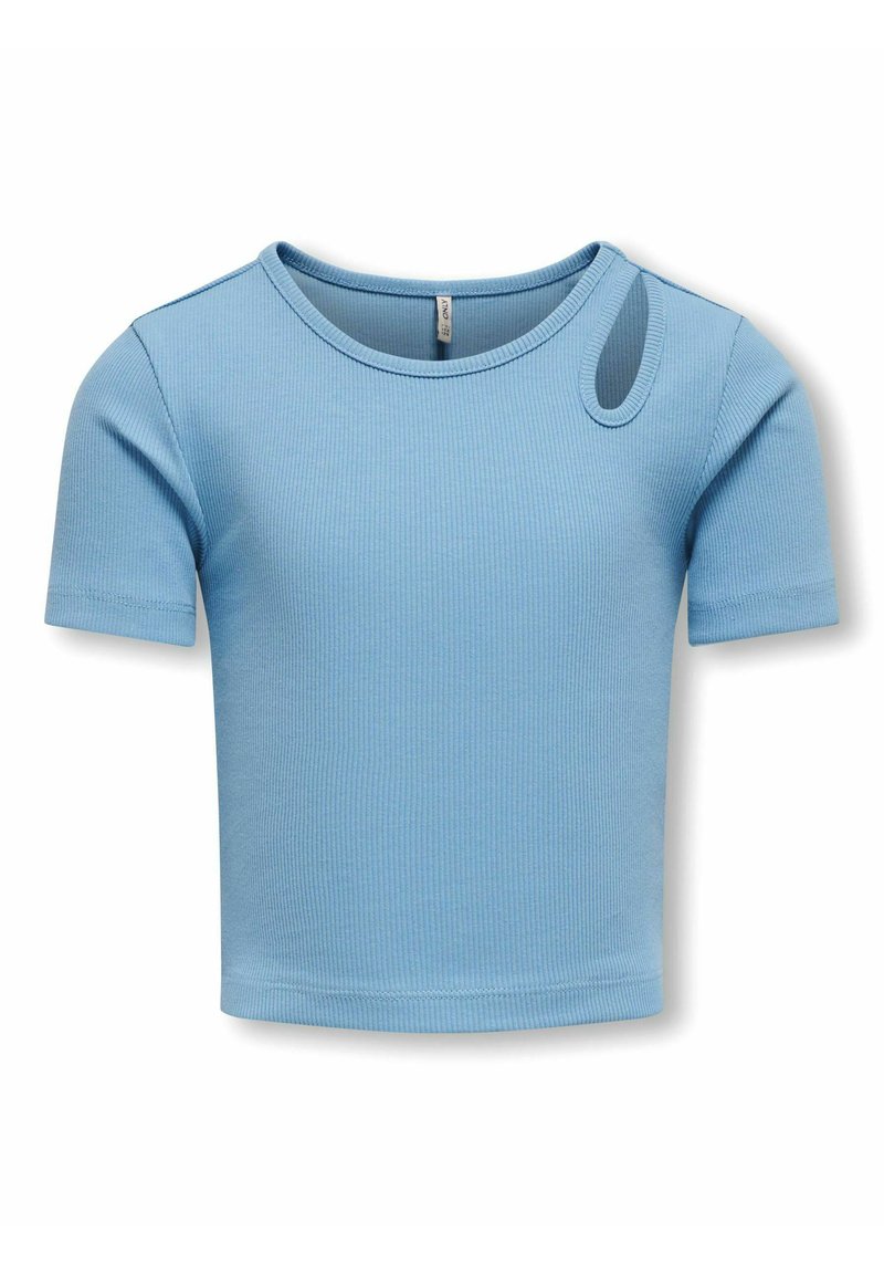 Haut à manches courtes bleu clair à côtes, avec un col rond et une découpe distinctive sur l'épaule. Présente un design ajusté et une texture douce.