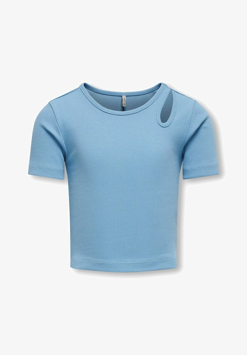 Haut à manches courtes bleu clair à côtes, avec un col rond et une découpe distinctive sur l'épaule. Présente un design ajusté et une texture douce.