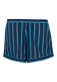 Marine zwemshorts met verticale strepen in lichtblauw en wit. Gemaakt van een gladde stof, met een contrasterende afwerking en een relaxed fit.