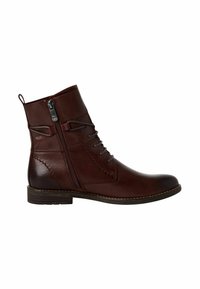Bottine en cuir marron avec fermeture éclair sur le côté et design à lacets. Présente des détails de couture, un bout arrondi et un petit talon empilé.