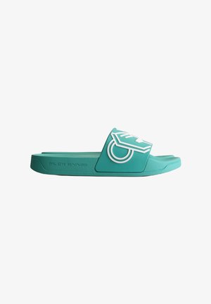 Teal rubber slide sandal with a wide strap featuring a white logo and geometric design. Slightly raised sole for comfort.
