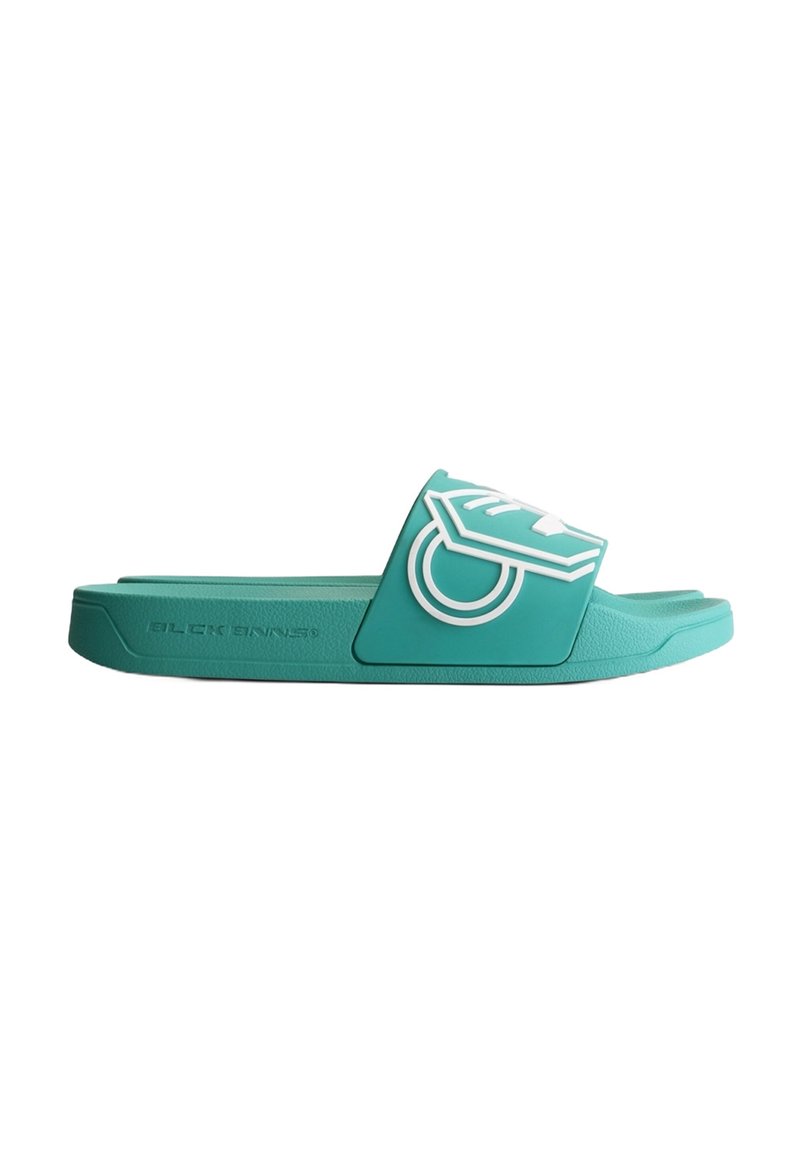 Teal rubber slide sandal with a wide strap featuring a white logo and geometric design. Slightly raised sole for comfort.