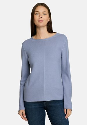 Vrouw draagt een lichtblauwe gebreide trui met lange mouwen en donkerblauwe spijkerbroek, staand tegen een effen witte achtergrond.