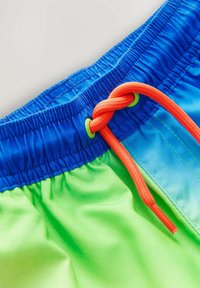 Gli shorts da nuoto presentano una vita elastica blu con un cordoncino arancione. Il corpo mostra pannelli alternati di verde e blu con una texture liscia.
