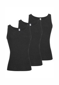 Three black ribbed tank tops featuring a round neckline and wide shoulder straps, made from soft, stretchy fabric.