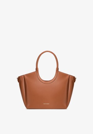 Sac fourre-tout en cuir marron avec des anses arrondies et un marquage subtil à l'avant, présentant une forme rectangulaire structurée et une finition lisse.