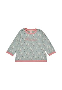 Hellblauses Langarmoberteil mit rosa Akzenten, das ein Muster aus Kaninchen und Kakteen zeigt, sowie seitlichen Druckknöpfen für ein einfaches An- und Ausziehen.