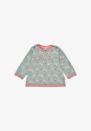 Hellblauses Langarmoberteil mit rosa Akzenten, das ein Muster aus Kaninchen und Kakteen zeigt, sowie seitlichen Druckknöpfen für ein einfaches An- und Ausziehen.