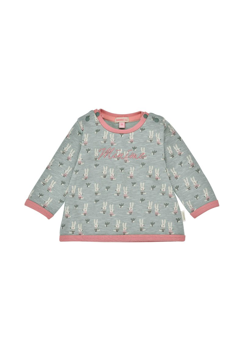Hellblauses Langarmoberteil mit rosa Akzenten, das ein Muster aus Kaninchen und Kakteen zeigt, sowie seitlichen Druckknöpfen für ein einfaches An- und Ausziehen.