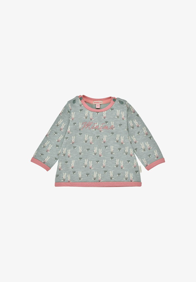 Hellblauses Langarmoberteil mit rosa Akzenten, das ein Muster aus Kaninchen und Kakteen zeigt, sowie seitlichen Druckknöpfen für ein einfaches An- und Ausziehen.