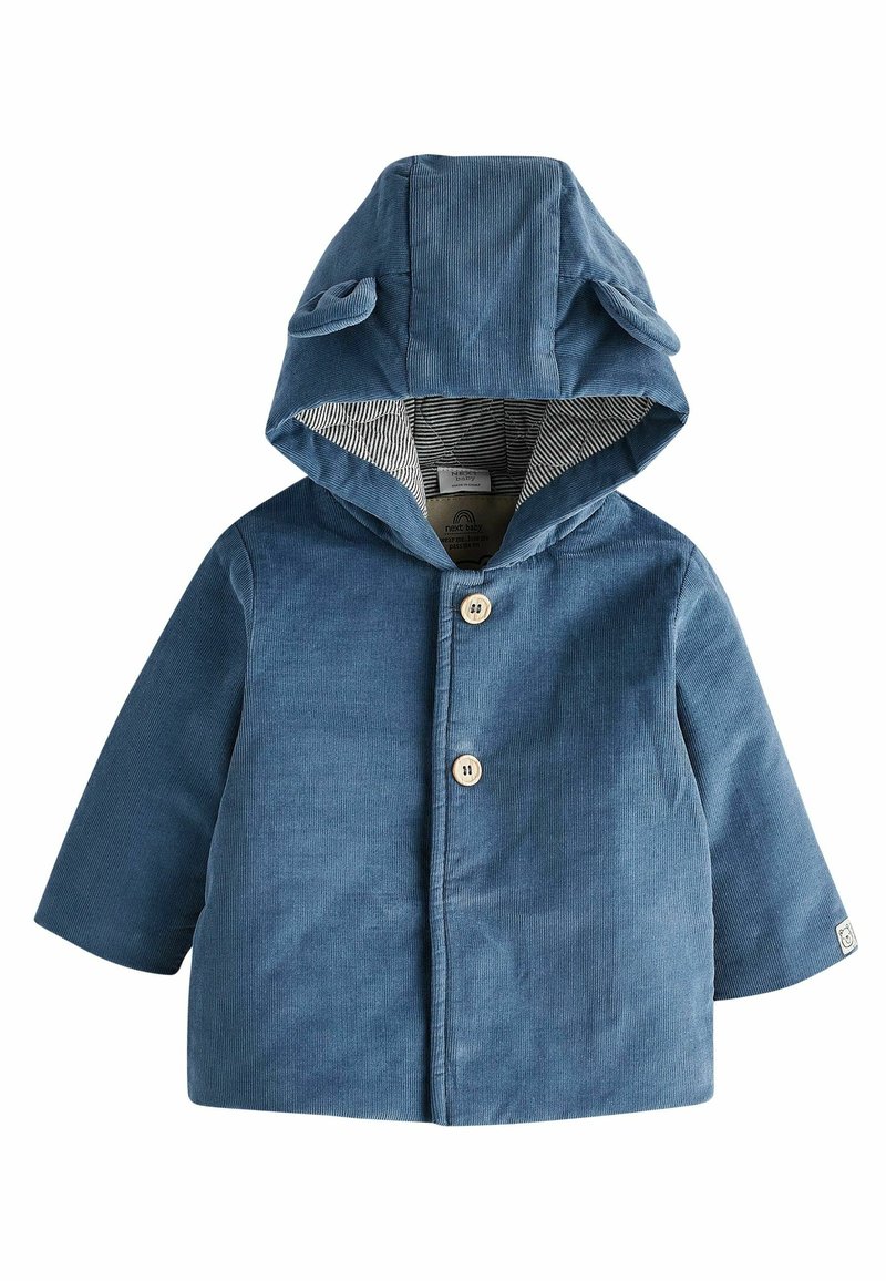 Manteau bébé en velours côtelé bleu avec capuche ornée de petites oreilles en tissu, deux boutons en bois et doublure intérieure rayée.