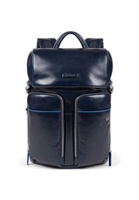 Zaino in pelle blu navy con texture liscia, dotato di due tasche anteriori con zip, manico superiore e spallacci regolabili.