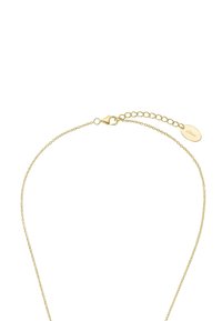 Goudkleurige metalen ketting met een fijne ketting, voorzien van een kreeftsluiting en een verstelbare lengte met een klein ovaal tag.
