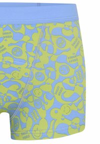 Boxers en bleu clair et vert, ornés d'un motif de smiley répété, fabriqués en tissu doux et extensible avec des coutures renforcées.