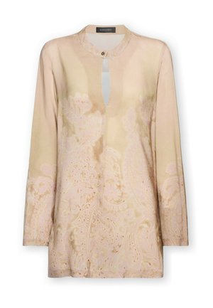 Beige long-sleeve blouse with subtle floral paisley patterns, round neckline with a single button closure and a small front keyhole opening.