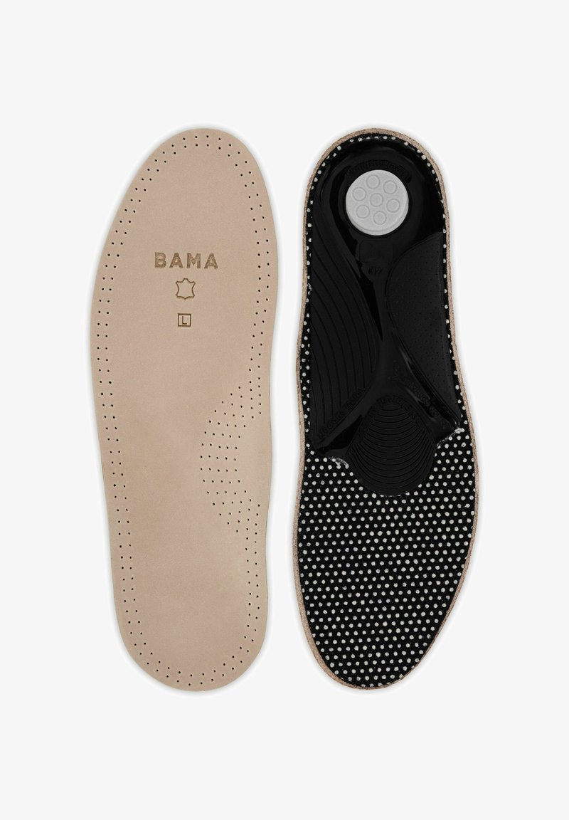 Pair of beige and black shoe insoles, one beige with ventilation holes and BAMA branding, the other black with textured grip and cushioning.