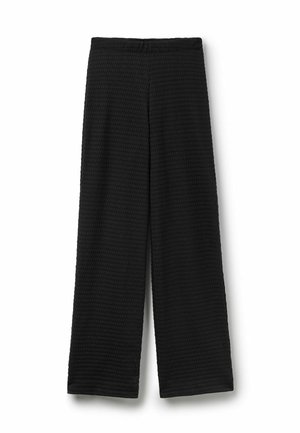 Pantalon noir à jambes larges en tissu texturé avec taille haute, présenté à plat sur fond blanc.