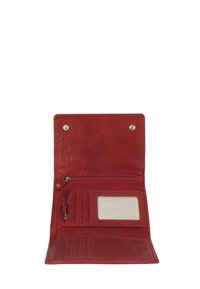 Red leather wallet with a zippered pocket, multiple card slots, and a clear ID window featuring a herringbone pattern. Smooth texture.