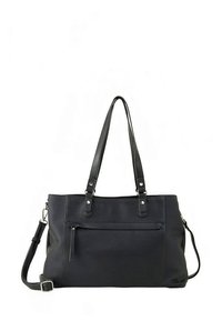 Borsa tote nera in pelle con doppi manici, tracolla regolabile, tasca frontale con zip e texture liscia. Misura circa 38x25 centimetri.