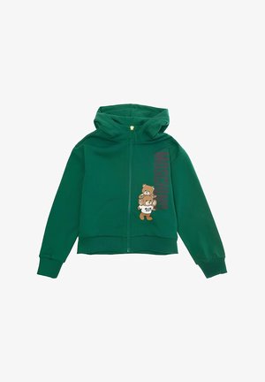 Felpa con zip verde scuro, con polsini a costine, cappuccio e una grafica di un orsetto che tiene un altro orsetto con l'etichetta "TOY" sul davanti.