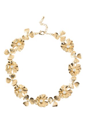 Goldene Blumenkette mit abwechselnden großen und kleinen Blumenformen, jede mit einem klaren, runden Stein in der Mitte und einem Kettenverschluss.