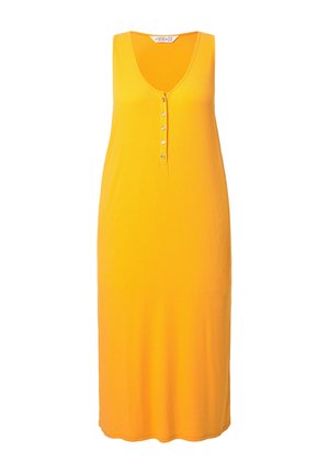 Robe débardeur jaune à côtes avec un col en V et sept boutons sur le devant. Silhouette longue et droite avec une texture lisse.