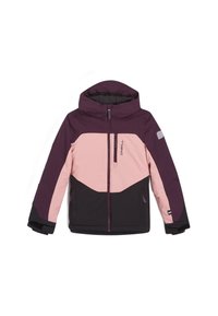 Veste isolée violet, rose et noire avec capuche, blocs de couleurs géométriques, fermeture éclair et deux poches latérales. Comprend un logo de marque sur la poitrine.