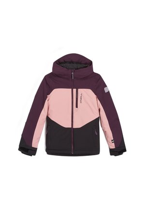 Veste isolée violet, rose et noire avec capuche, blocs de couleurs géométriques, fermeture éclair et deux poches latérales. Comprend un logo de marque sur la poitrine.
