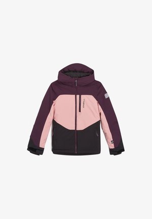 Lila, rosa och svart isolerad jacka med huva, geometriska färgblock, dragkedjestängning och två sidofickor. Har en logotyp på bröstet.