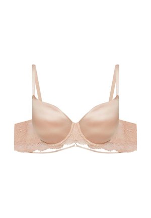 Beiger gepolsterter Bh mit Spitze entlang des Bands. Glatte Satin-Cups und verstellbare Träger, mit einem dekorativen Akzent in der Mitte.