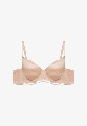 Beige padded bra with lace detailing on the band. Smooth satin cups and adjustable straps, featuring a decorative center accent.
