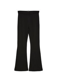 Melnas flared leggings, kas izgatavotas no stiepjama auduma. Iezīmējas ar platu jostasvietu un gludu tekstūru, ar pieguļošu siluetu, kas paplašinās pie apakšmalas.