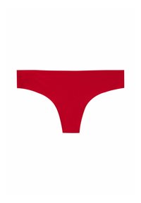 Rote Tangas aus glattem Stoff, mit breiten elastischen Bändern an der Taille und einem minimalistischen Design ohne sichtbare Muster oder Akzente.