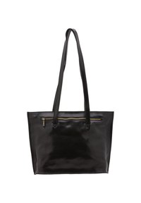 Borsa tote nera in pelle con due lunghe maniglie, texture lucida, tasca anteriore con zip e hardware dorato, e forma rettangolare.