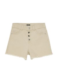 Beige denimshorts med fransade kanter, hög midja, femknäppnings framtill och två framfickor.